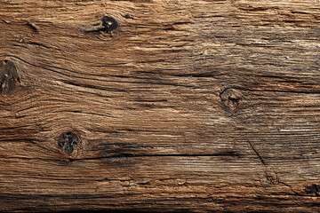 A close up of weathered dark brown wood grain with knots and cracks