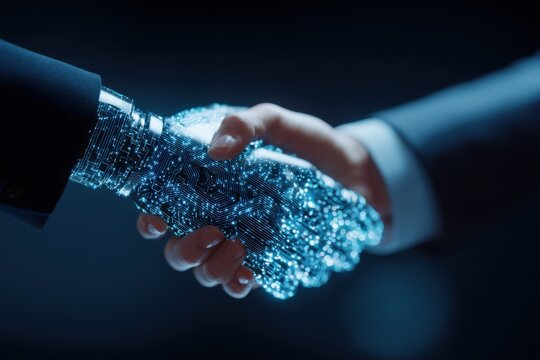 Business handshake between human and futuristic robot reflects collaboration and innovation in technology at a corporate setting