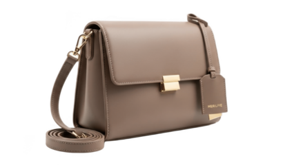 Modern taupe flap crossbody handbag with adjustable strap, gold hardware and hanging tag, elegant neutral women’s purse for work, travel and everyday outfits, minimalist structured fashion accessory 
