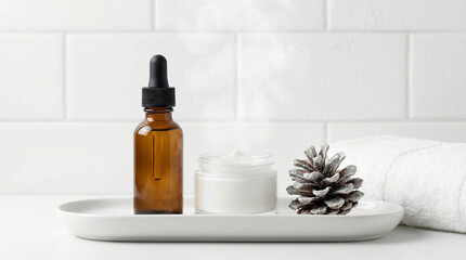 Amber essential oil bottle with pine cone and candle on white background