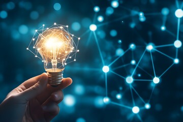 Hand holding glowing light bulb with network connections