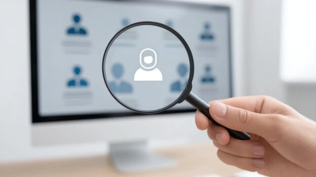 Hand Holding Magnifying Glass Over Computer Screen with User Profile Icons Displayed Behind 4k Video footage