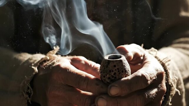 Rustic clay pipe smoking gently in weathered hands, evoking tradition and contemplation in a timeless, folk-inspired setting