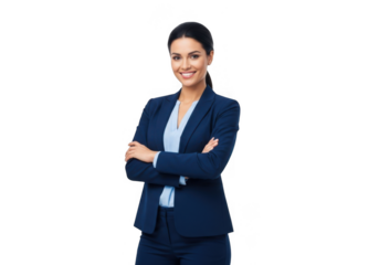 Confident businesswoman in a navy blue suit smiling with arms crossed isolated on transparent background