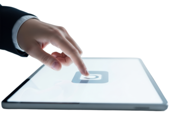 A clean human hand, simple grey sleeve, gently tapping a prominent interactive element on a sleek digital screen, blurred minimalist background, concept of modern connectivity