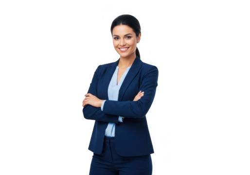 Confident businesswoman in a navy blue suit smiling with arms crossed isolated on transparent background
