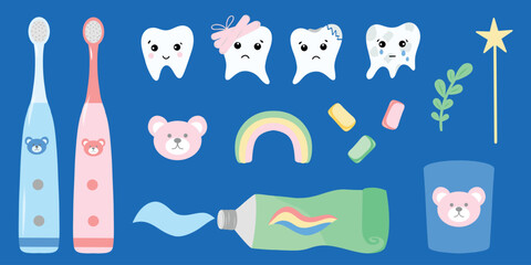 Kids dental set, child toothbrush and paste. Children toothcare kit, playful dental icons. Pediatric dental set, fun oral hygiene tools