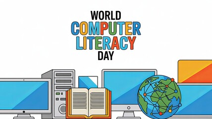 Minimalist line art celebrating World Computer Literacy Day in education.