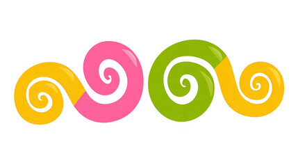 Colorful spiral shapes with glossy finish featuring yellow pink and green sections isolated on transparent background playful and decorative suitable for design cheerful and creative vibe