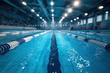Closeup view of lanes in an indoor swimming pool during a competition with bright lights illuminating the clear water and a quiet atmosphere