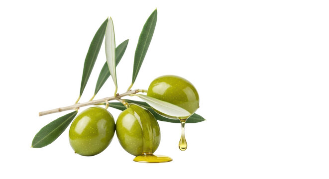 Green olives with leaves and dripping oil isolated PNG, fresh olive branch with oil drop on transparent background, healthy food ingredient