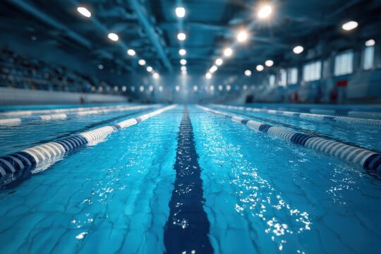 Closeup view of lanes in an indoor swimming pool during a competition with bright lights illuminating the clear water and a quiet atmosphere