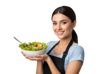 Young woman in apron holding a healthy salad isolated on transparent background