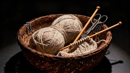 A basket filled with knitting supplies, set against a dark, velvety background. balls of light-colored, a pair