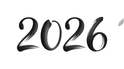 Stylish brush stroke typography of the year 2026 in elegant metallic texture, isolated on transparent background.