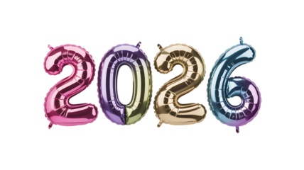 Festive gradient number balloons forming the year 2026, isolated on a white background for new year celebration visuals.