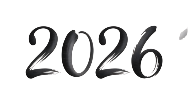 Stylish brush stroke typography of the year 2026 in elegant metallic texture, isolated on transparent background.