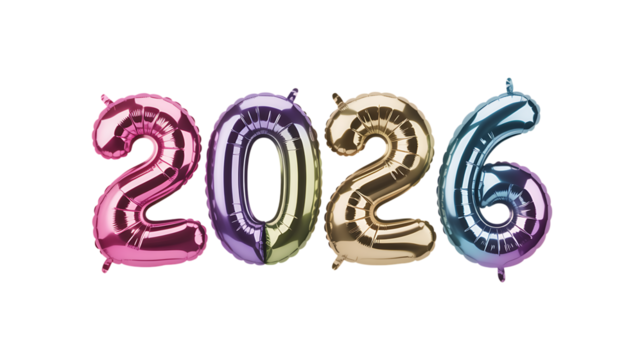 Festive gradient number balloons forming the year 2026, isolated on a white background for new year celebration visuals.
