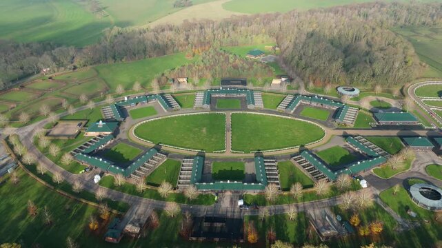 Aerial view of horse training facility, United Kingdom.