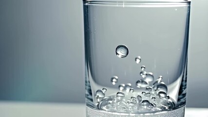 Close-up view of water droplets elegantly splashing and forming bubbles in a clear glass. the image conveys freshness and purity, ideal for concepts related to hydration, beverages, advertising, and m