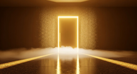 Glowing rectangular portal emitting warm light in a dark room