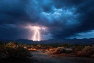 Stunning lightning strikes illuminate the desert landscape during a dramatic evening storm showcasing nature's power and beauty