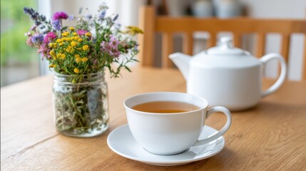 Fototapeta premium Cozy herbal tea setting with honey and dried wildflowers for relaxation and warmth