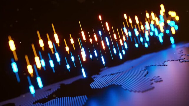 Seamless loop 3D animation of glowing blue and gold candlestick bars above a world map surface, representing global markets, forex trading, fintech data, and financial analytics.