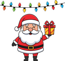 Santa Claus cartoon with gift box, festive Christmas lights, cheerful holiday design, red suit, seasonal greeting, joyful winter artwork