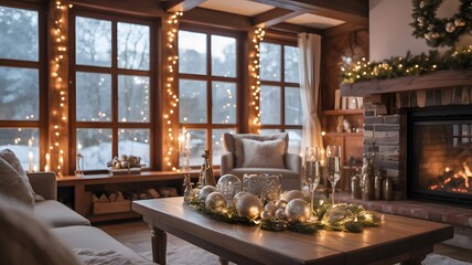 Home Interior Decorated for New Year Celebration, Warm Festive Lights, Realistic Lifestyle Scene