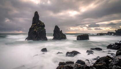 Dramatic seascape featuring black rock formations and blurred wave motion under a cloudy sky