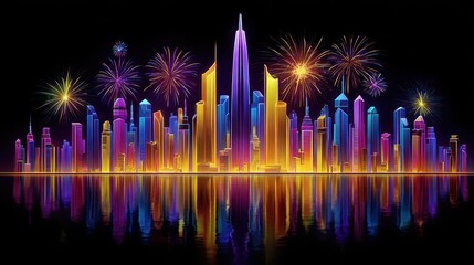 Vibrant cityscape reflecting in water during new year celebration, colorful buildings under festive fireworks display