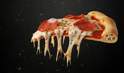 Melted cheese stretching in zero gravity with floating pepperoni, crumbs, and spices. Cinematic food motion — delicious and commercial-friendly visual for advertising.