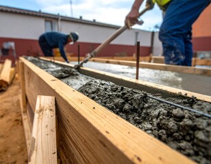 Concrete being leveled in wooden form with construction workers