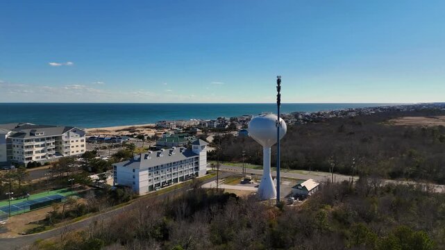 Cinematic Aerial Orbit on Water Tower and Communications Mast in Sandbridge, Virginia Beach