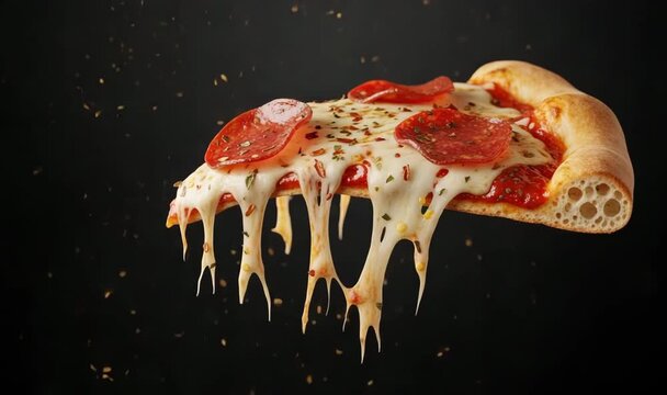 Melted cheese stretching in zero gravity with floating pepperoni, crumbs, and spices. Cinematic food motion &mdash; delicious and commercial-friendly visual for advertising.