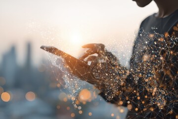 Person using smartphone to connect to digital network in urban setting during sunrise with global connection graphics overlay