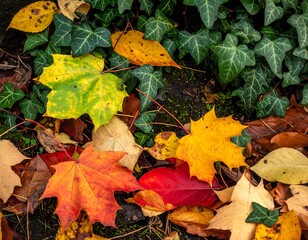 Fallen colorful maple leaves scattered amongst lush green ivy ground cover create a vibrant autumnal tapestry
