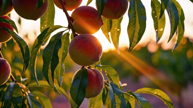 The peach tree bears ripe peaches as sunlight filters through the leaves, highlighting their vibrant colors. This serene orchard scene captures the beauty of nature and a fruitful