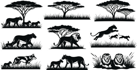 African savanna wildlife silhouette pattern with lion, cheetah, acacia tree, grassland scene, vector illustration, safari animal artwork design