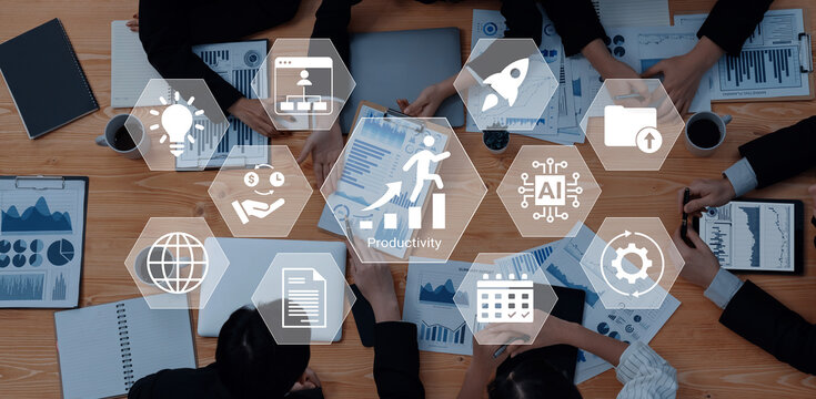 A diverse team is engaged in collaborative project planning, analyzing data charts, and discussing innovative productivity solutions in a modern office environment. Gantry