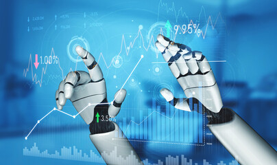 A pair of futuristic robotic hands interacts with vibrant digital graphs, illustrating advanced technology and data analysis in a contemporary workspace. Scalp