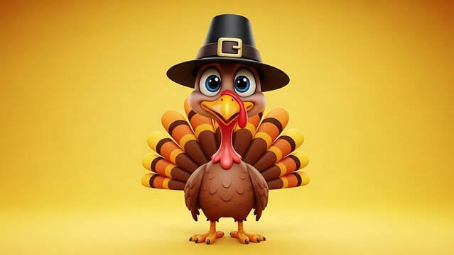 Cartoon Turkey in Pilgrim Hat for Thanksgiving on Yellow Background