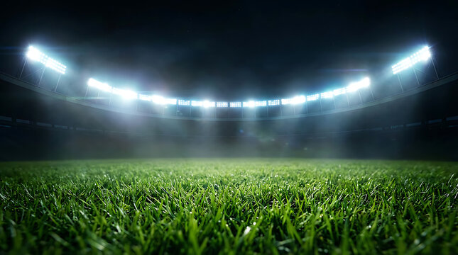 Empty illuminated stadium grass field during evening match time - Powered by Adobe