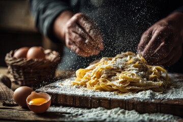 Delicious fresh pasta preparation in an Italian kitchen with skilled hands at work on a wooden surface during daylight hours