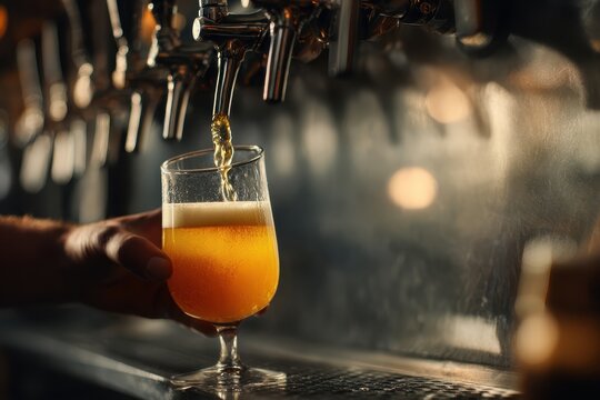 Brewer pours golden craft beer into a glass at a trendy bar during a lively evening