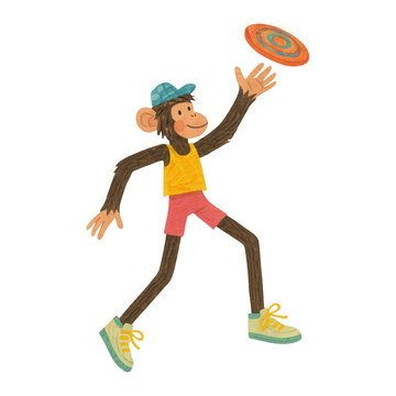 PNG Playful monkey throws frisbee.