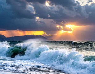 Dramatic seascape with crashing waves under a golden sunset piercing through dark, stormy clouds and distant hills