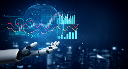 A futuristic robot hand displays digital data visualization and analytics charts in a sleek urban environment, symbolizing technological advancement and innovation. Scalp