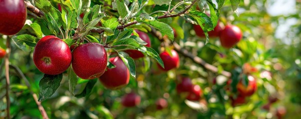Red apples hanging on trees in an orchard during autumn harvest season